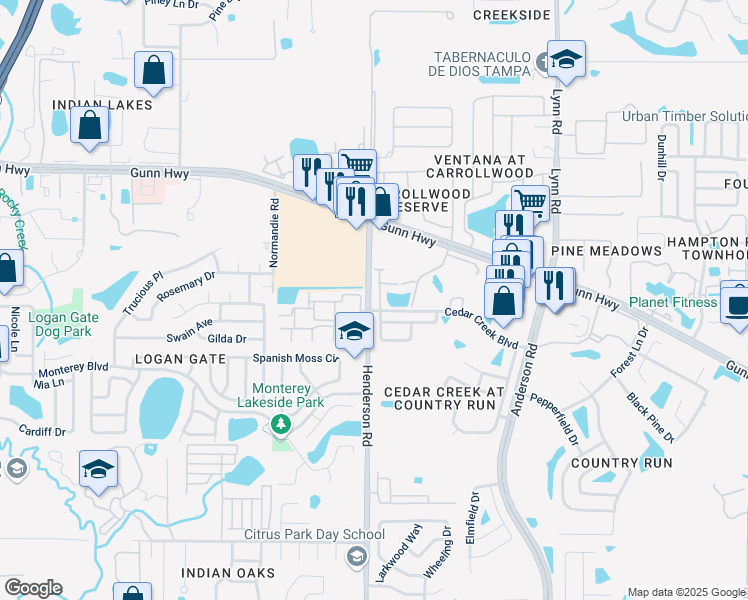 map of restaurants, bars, coffee shops, grocery stores, and more near 12706 Country Brook Lane in Tampa