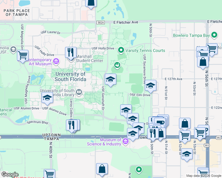 map of restaurants, bars, coffee shops, grocery stores, and more near 4202 East Fowler Avenue in Tampa