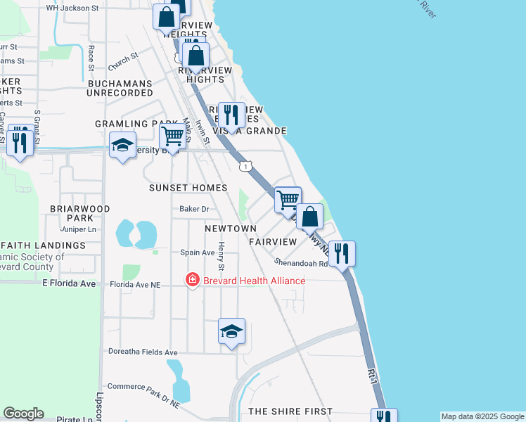 map of restaurants, bars, coffee shops, grocery stores, and more near 2553 Spence Drive Northeast in Palm Bay