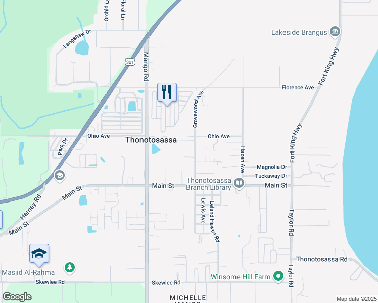 map of restaurants, bars, coffee shops, grocery stores, and more near 11908 Grovewood Avenue in Thonotosassa