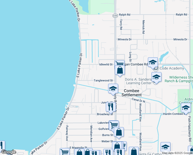 map of restaurants, bars, coffee shops, grocery stores, and more near 2426 Tanglewood Street in Lakeland