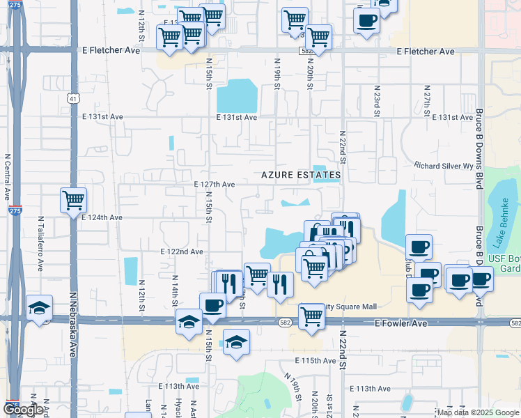 map of restaurants, bars, coffee shops, grocery stores, and more near 12520 Tinsley Terrace Drive in Tampa