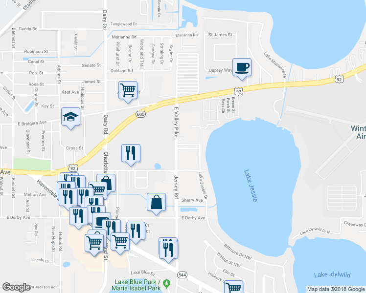 map of restaurants, bars, coffee shops, grocery stores, and more near 2932 Jersey Road in Winter Haven