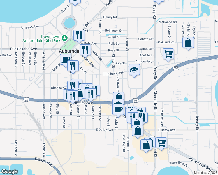 map of restaurants, bars, coffee shops, grocery stores, and more near 403a Cleveland Street in Auburndale