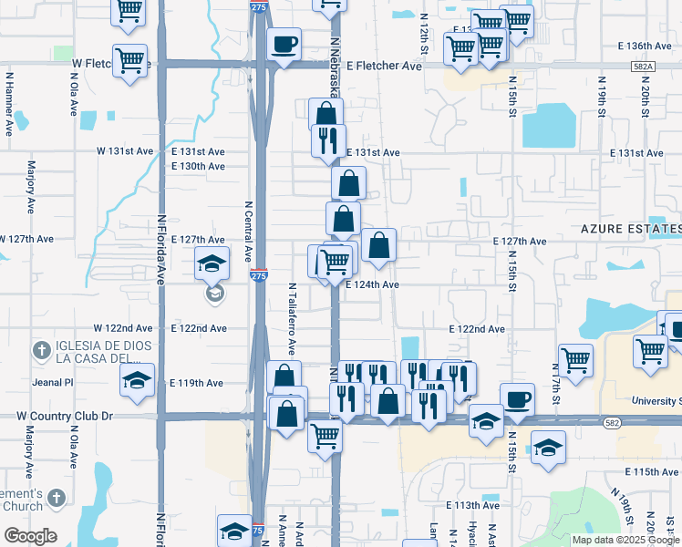 map of restaurants, bars, coffee shops, grocery stores, and more near 12401 North Nebraska Avenue in Tampa
