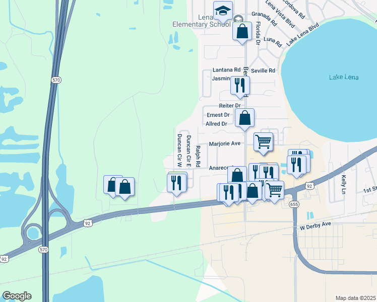 map of restaurants, bars, coffee shops, grocery stores, and more near 643 Duncan Circle East in Auburndale
