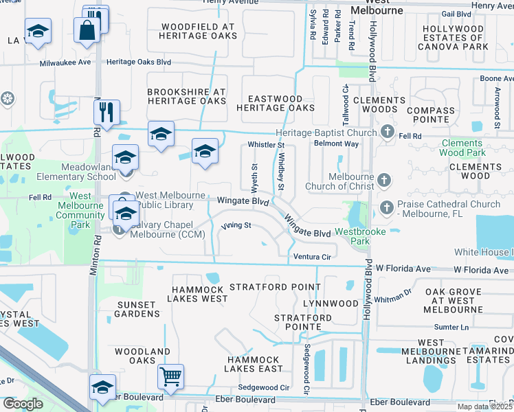 map of restaurants, bars, coffee shops, grocery stores, and more near 2646 Bradfordt Drive in Melbourne
