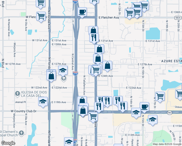 map of restaurants, bars, coffee shops, grocery stores, and more near 815 East 125th Avenue in Tampa
