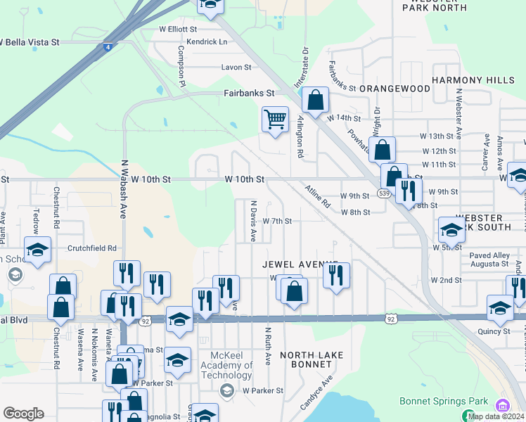 map of restaurants, bars, coffee shops, grocery stores, and more near 1318 7th Court in Lakeland