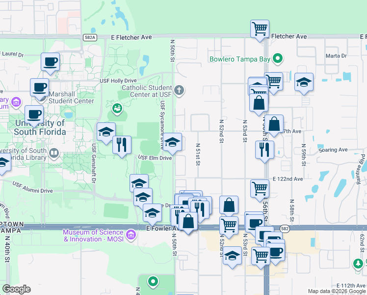 map of restaurants, bars, coffee shops, grocery stores, and more near 5016 Sunridge Palms Drive in Tampa