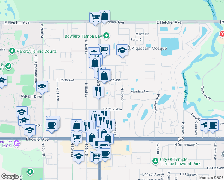 map of restaurants, bars, coffee shops, grocery stores, and more near 12425 Touchton Drive in Tampa