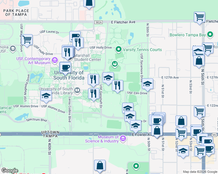 map of restaurants, bars, coffee shops, grocery stores, and more near 12301 USF Maple Drive in Tampa