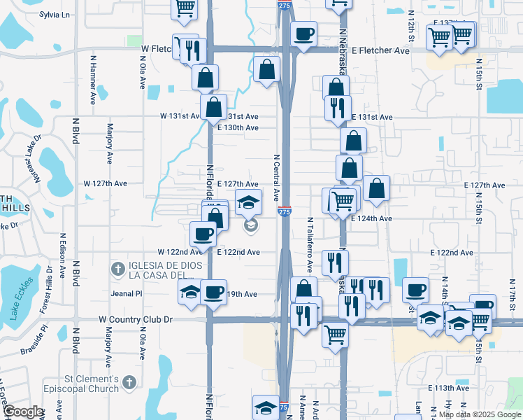 map of restaurants, bars, coffee shops, grocery stores, and more near 308 East 124th Avenue in Tampa