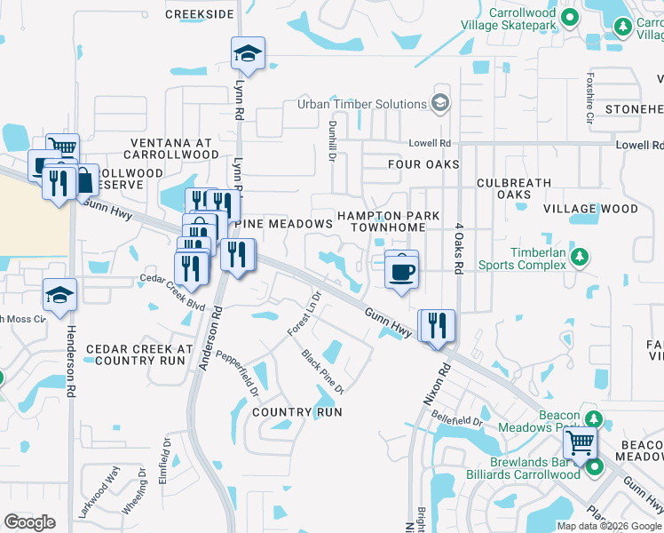 map of restaurants, bars, coffee shops, grocery stores, and more near 5412 Deerbrooke Creek Circle in Tampa