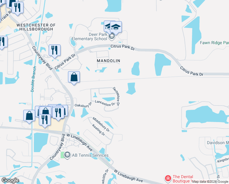 map of restaurants, bars, coffee shops, grocery stores, and more near 11811 Easthampton Drive in Tampa