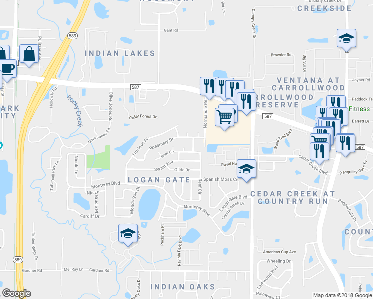 map of restaurants, bars, coffee shops, grocery stores, and more near 12701 Cheche Place in Tampa