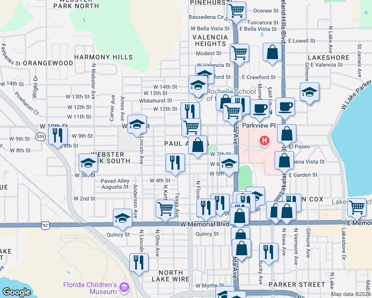 map of restaurants, bars, coffee shops, grocery stores, and more near 1252 Martin L King Junior Avenue in Lakeland