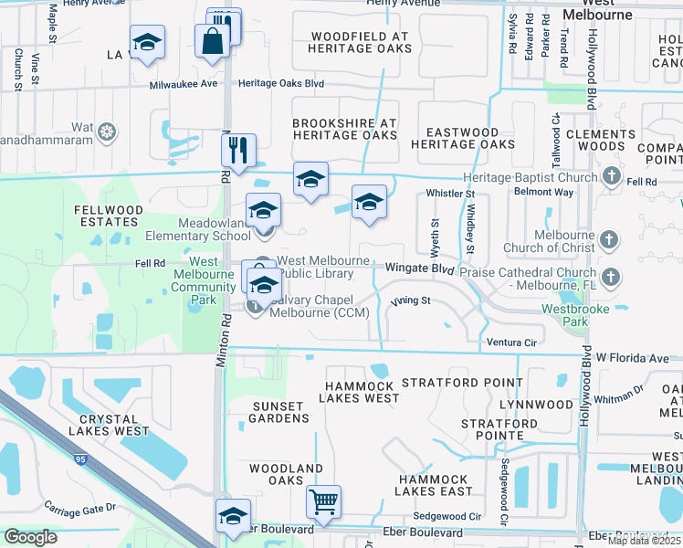 map of restaurants, bars, coffee shops, grocery stores, and more near 2612 Kendrick Court in West Melbourne