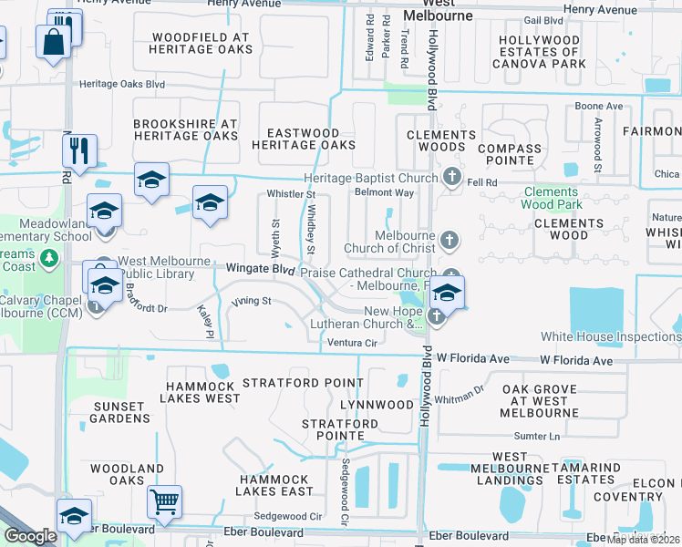 map of restaurants, bars, coffee shops, grocery stores, and more near 2210 Weatherly Avenue in Melbourne