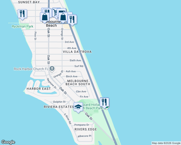 map of restaurants, bars, coffee shops, grocery stores, and more near 1805 Atlantic Street in Melbourne Beach