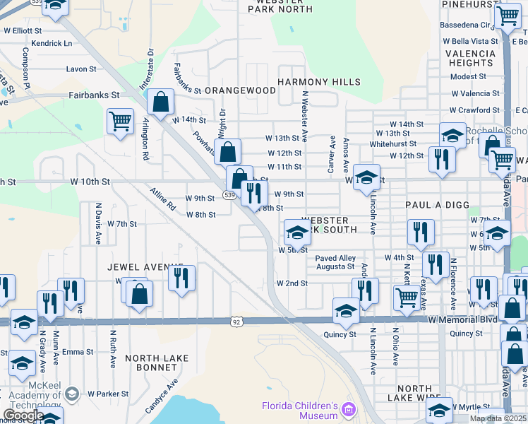 map of restaurants, bars, coffee shops, grocery stores, and more near 1108 West 8th Street in Lakeland