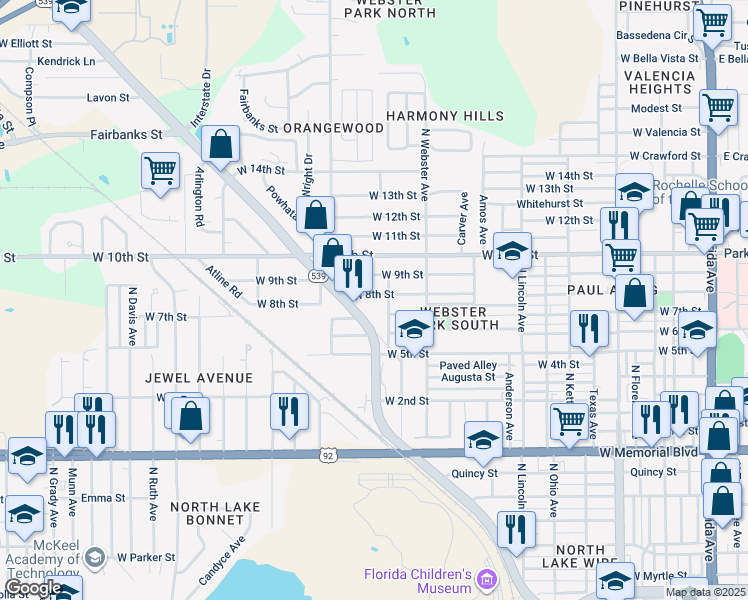 map of restaurants, bars, coffee shops, grocery stores, and more near 1108 West 8th Street in Lakeland
