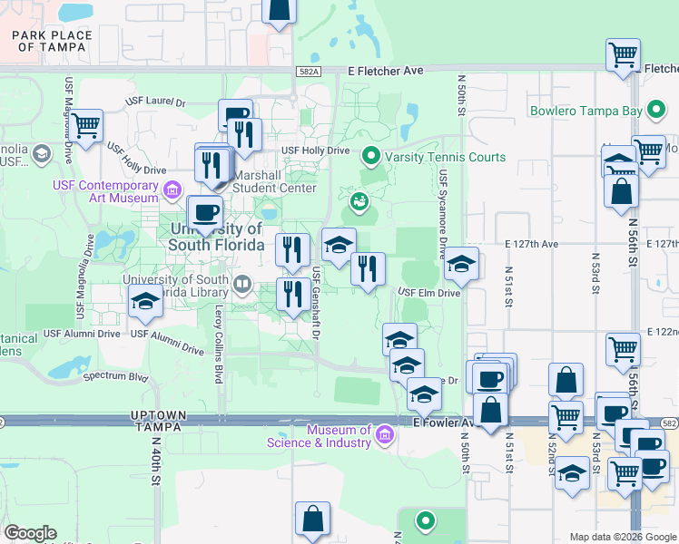 map of restaurants, bars, coffee shops, grocery stores, and more near 12301 USF Maple Drive in Tampa