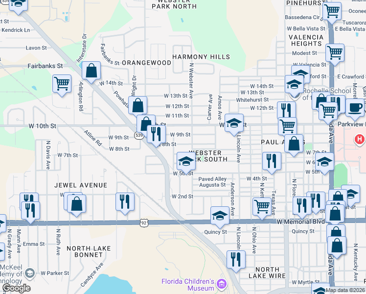 map of restaurants, bars, coffee shops, grocery stores, and more near 1020 West 8th Street in Lakeland