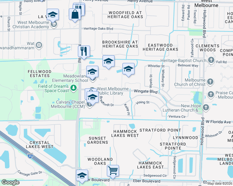 map of restaurants, bars, coffee shops, grocery stores, and more near 2612 Kendrick Court in West Melbourne