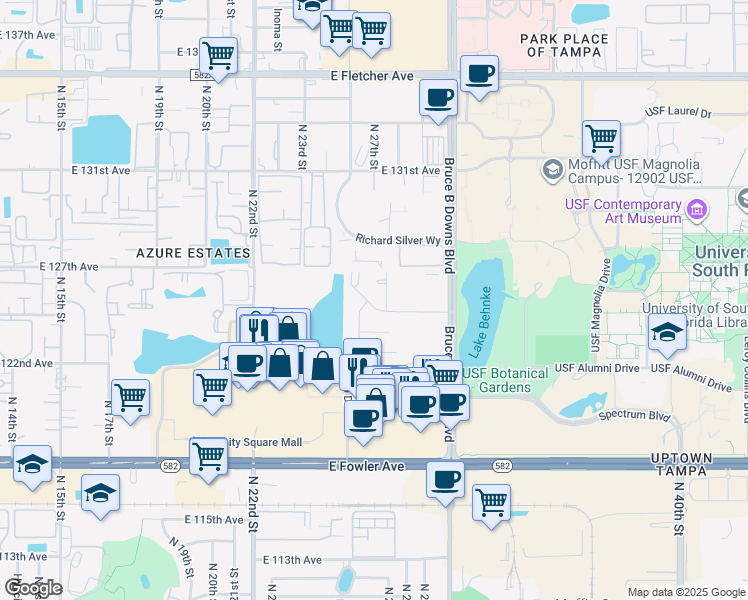 map of restaurants, bars, coffee shops, grocery stores, and more near 2702 Campus Hill Drive in Tampa