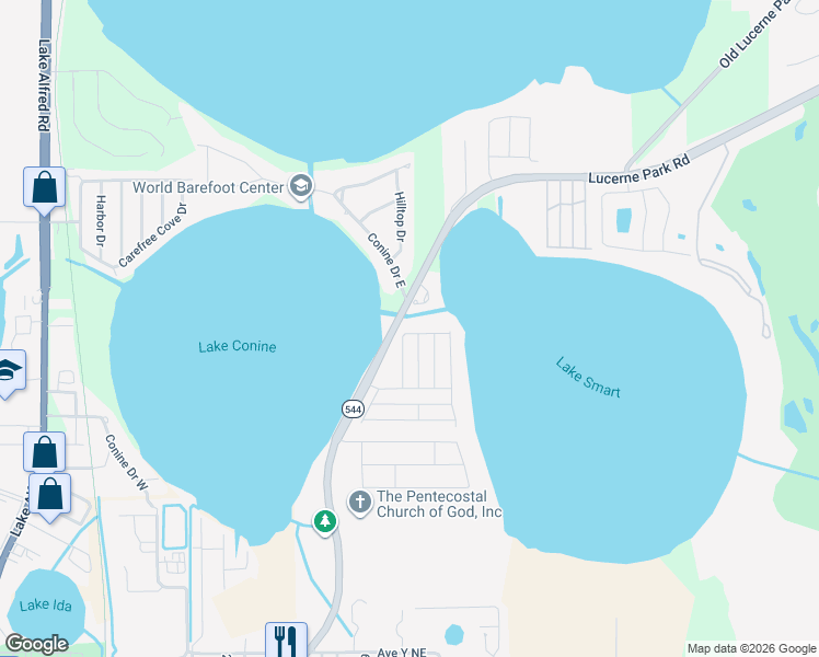 map of restaurants, bars, coffee shops, grocery stores, and more near 384 Winter Ridge Boulevard in Winter Haven