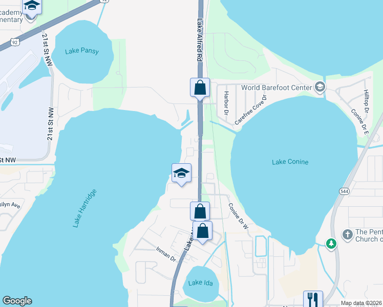 map of restaurants, bars, coffee shops, grocery stores, and more near 3553 Harbor Circle Northwest in Winter Haven