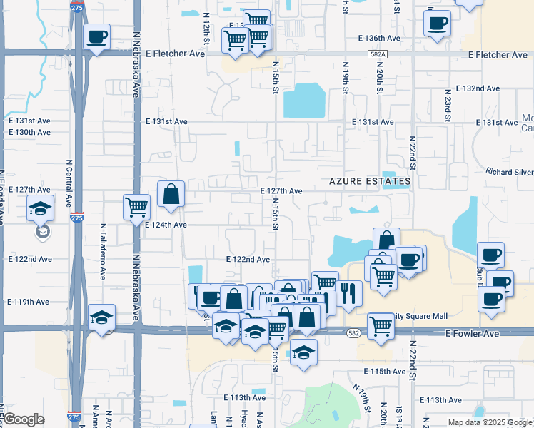 map of restaurants, bars, coffee shops, grocery stores, and more near 12406 North 15th Street in Tampa
