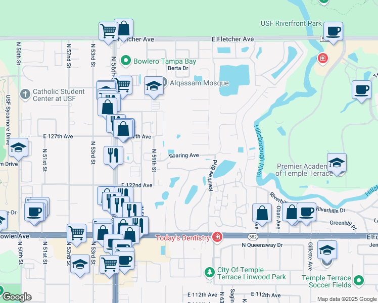 map of restaurants, bars, coffee shops, grocery stores, and more near 6012 Soaring Avenue in Tampa