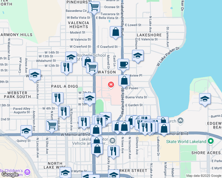 map of restaurants, bars, coffee shops, grocery stores, and more near 1324 Lakeland Hills Boulevard in Lakeland