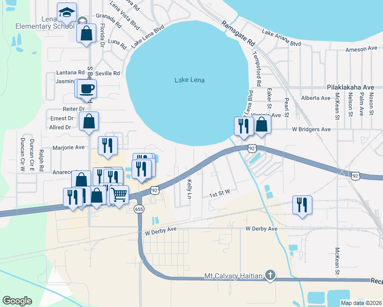 map of restaurants, bars, coffee shops, grocery stores, and more near 119 Lakeside Drive in Auburndale