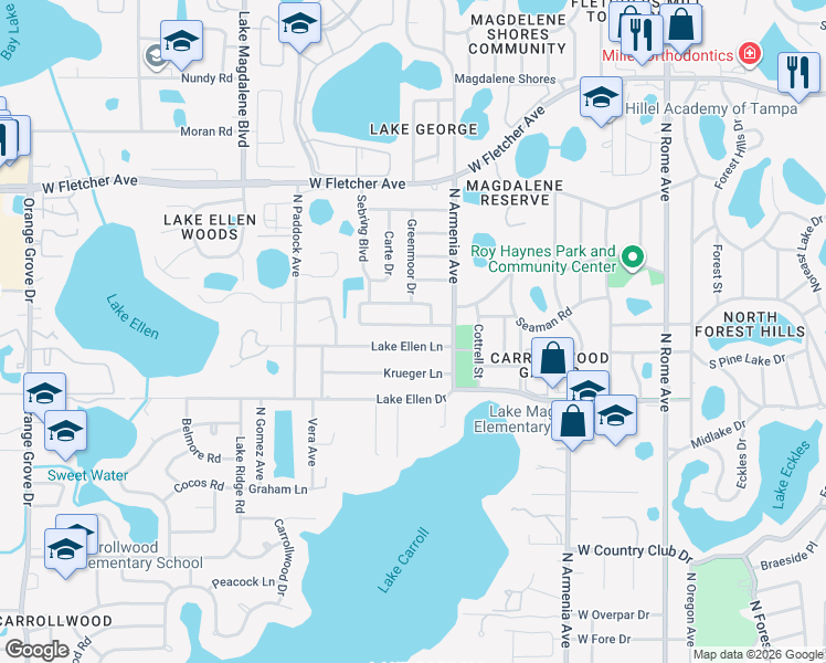 map of restaurants, bars, coffee shops, grocery stores, and more near 2512 Lake Ellen Circle in Tampa