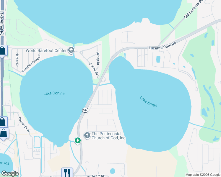 map of restaurants, bars, coffee shops, grocery stores, and more near 360 Winter Ridge Boulevard in Winter Haven