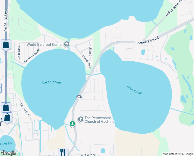 map of restaurants, bars, coffee shops, grocery stores, and more near 360 Winter Ridge Boulevard in Winter Haven