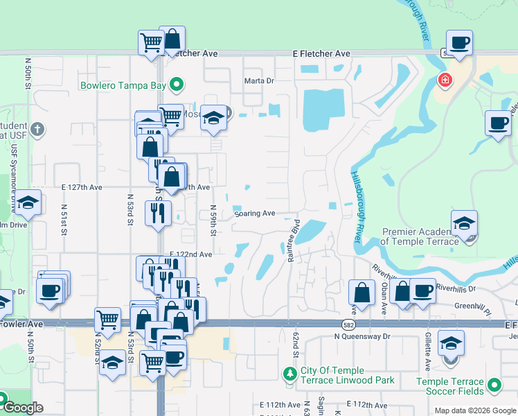map of restaurants, bars, coffee shops, grocery stores, and more near 6012 Soaring Avenue in Tampa