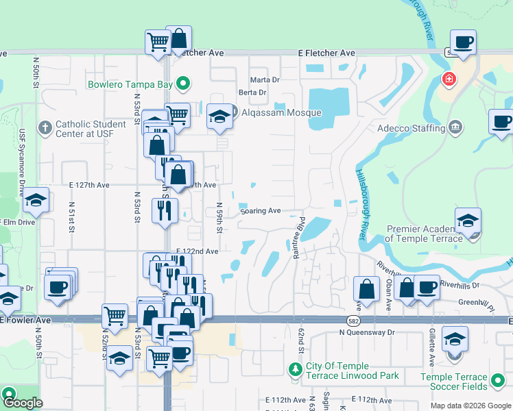 map of restaurants, bars, coffee shops, grocery stores, and more near 6012 Soaring Avenue in Tampa