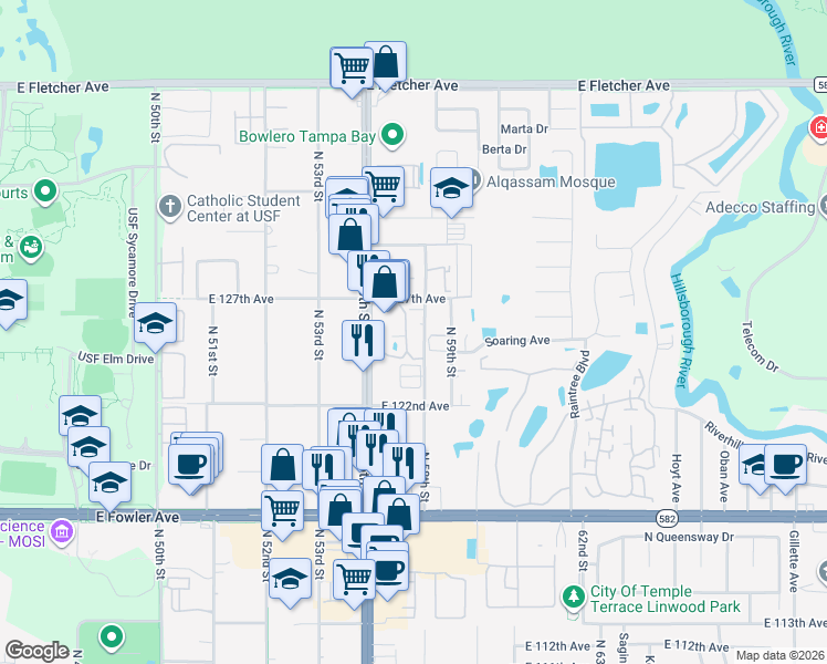 map of restaurants, bars, coffee shops, grocery stores, and more near 12425 Touchton Drive in Tampa