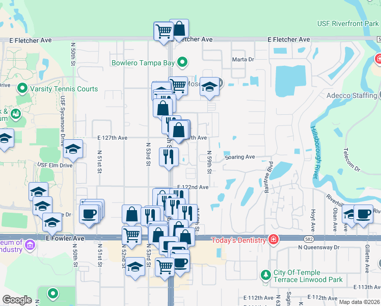 map of restaurants, bars, coffee shops, grocery stores, and more near 12425 Touchton Drive in Tampa