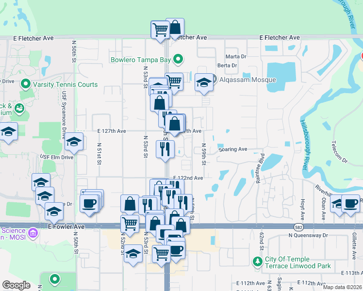 map of restaurants, bars, coffee shops, grocery stores, and more near 12425 Touchton Drive in Tampa