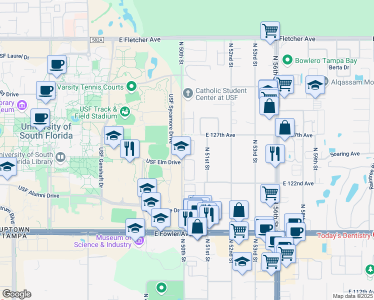 map of restaurants, bars, coffee shops, grocery stores, and more near 5016 Sunridge Palms Drive in Tampa