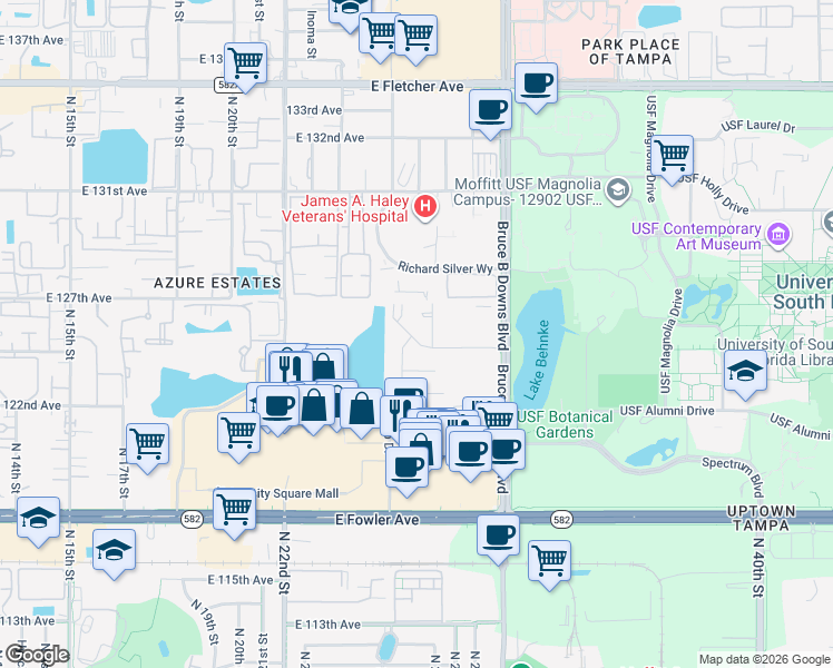 map of restaurants, bars, coffee shops, grocery stores, and more near 2702 Campus Hill Drive in Tampa