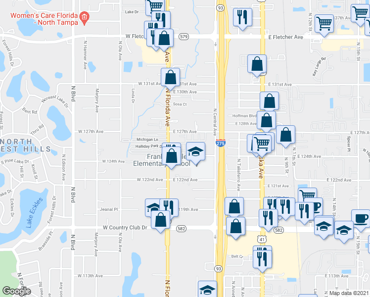 map of restaurants, bars, coffee shops, grocery stores, and more near 205 Pine Tulip Court in Tampa