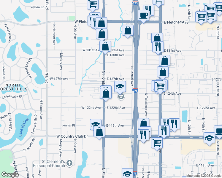 map of restaurants, bars, coffee shops, grocery stores, and more near 205 Pine Tulip Court in Tampa
