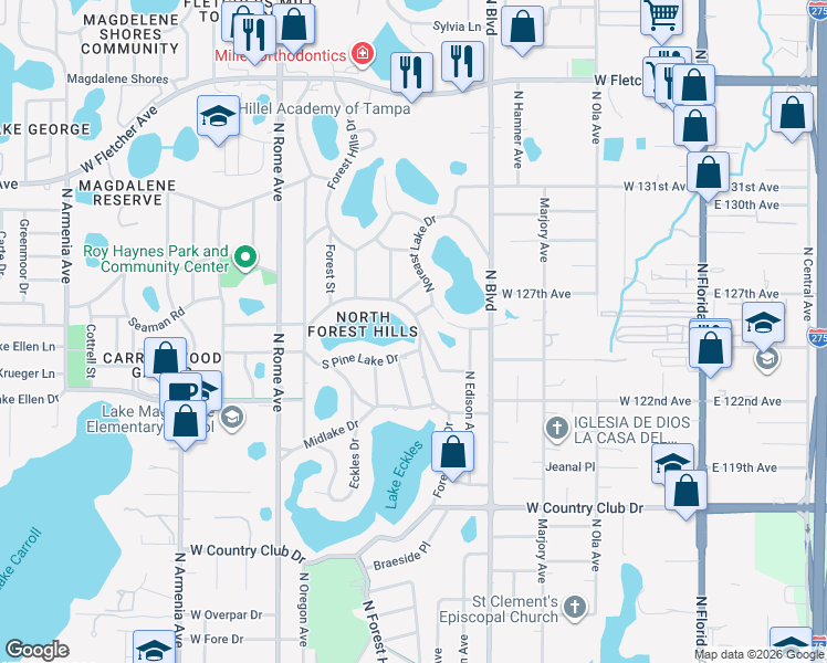 map of restaurants, bars, coffee shops, grocery stores, and more near 12119 Golfside Drive in Tampa