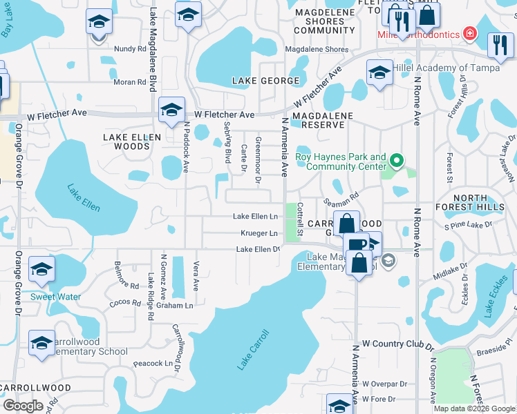 map of restaurants, bars, coffee shops, grocery stores, and more near 2505 Lake Ellen Lane in Tampa